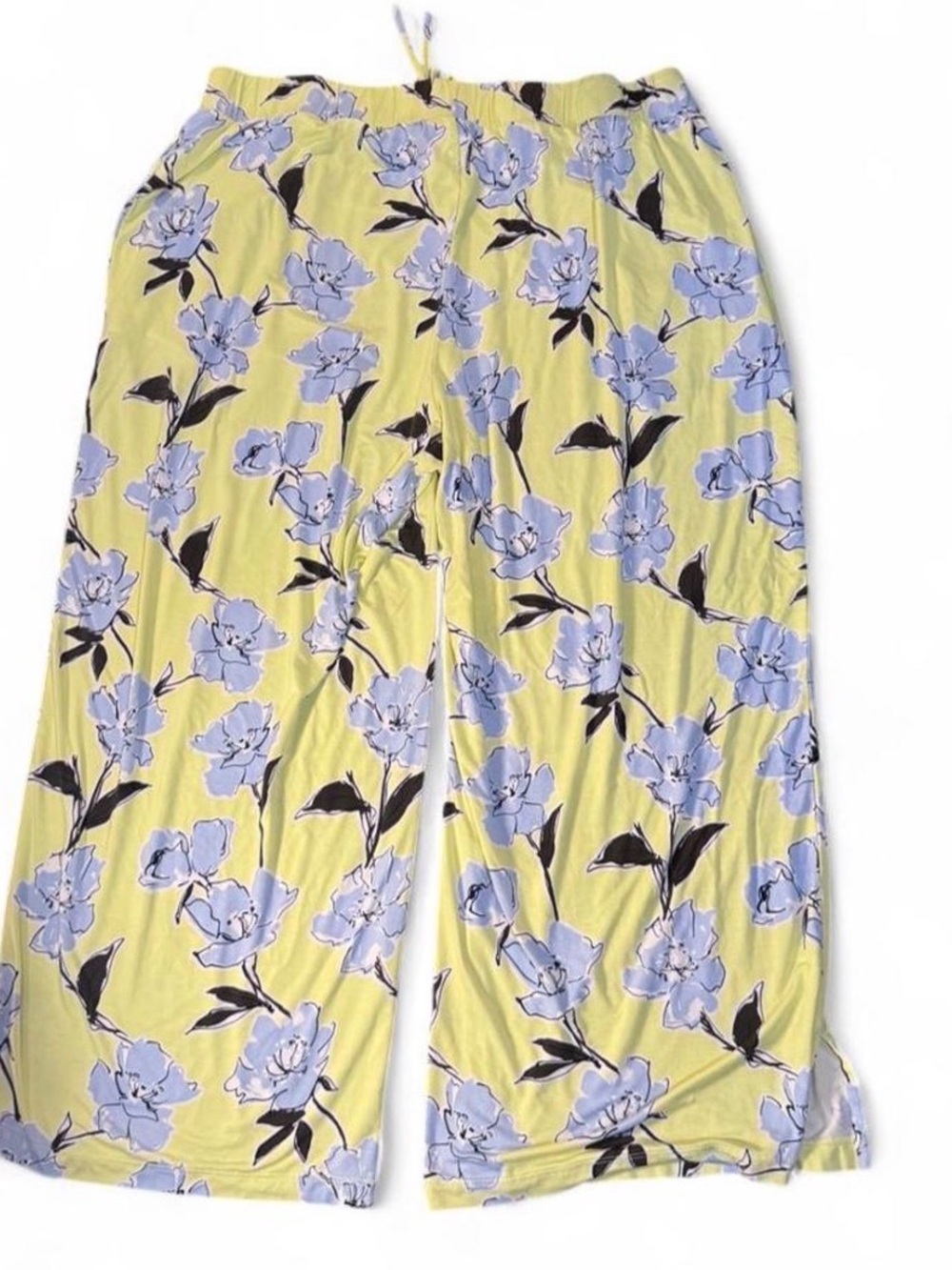 Women's Floral Wide-Leg Pajama Pants - Yellow with Blue Flowers